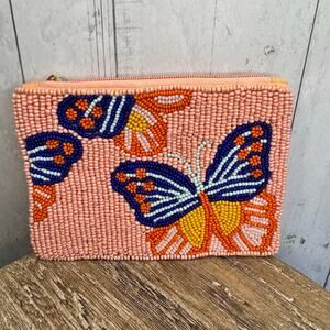 Beaded Pink Coin Purse Butterflies Summer Cute Womens Travel Pouch NEW FAST SHIP